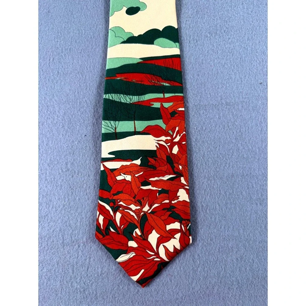 Vintage Prince Igor by Burma Silk Tie Tropical Leaf Print Green Red Neckwear 80s